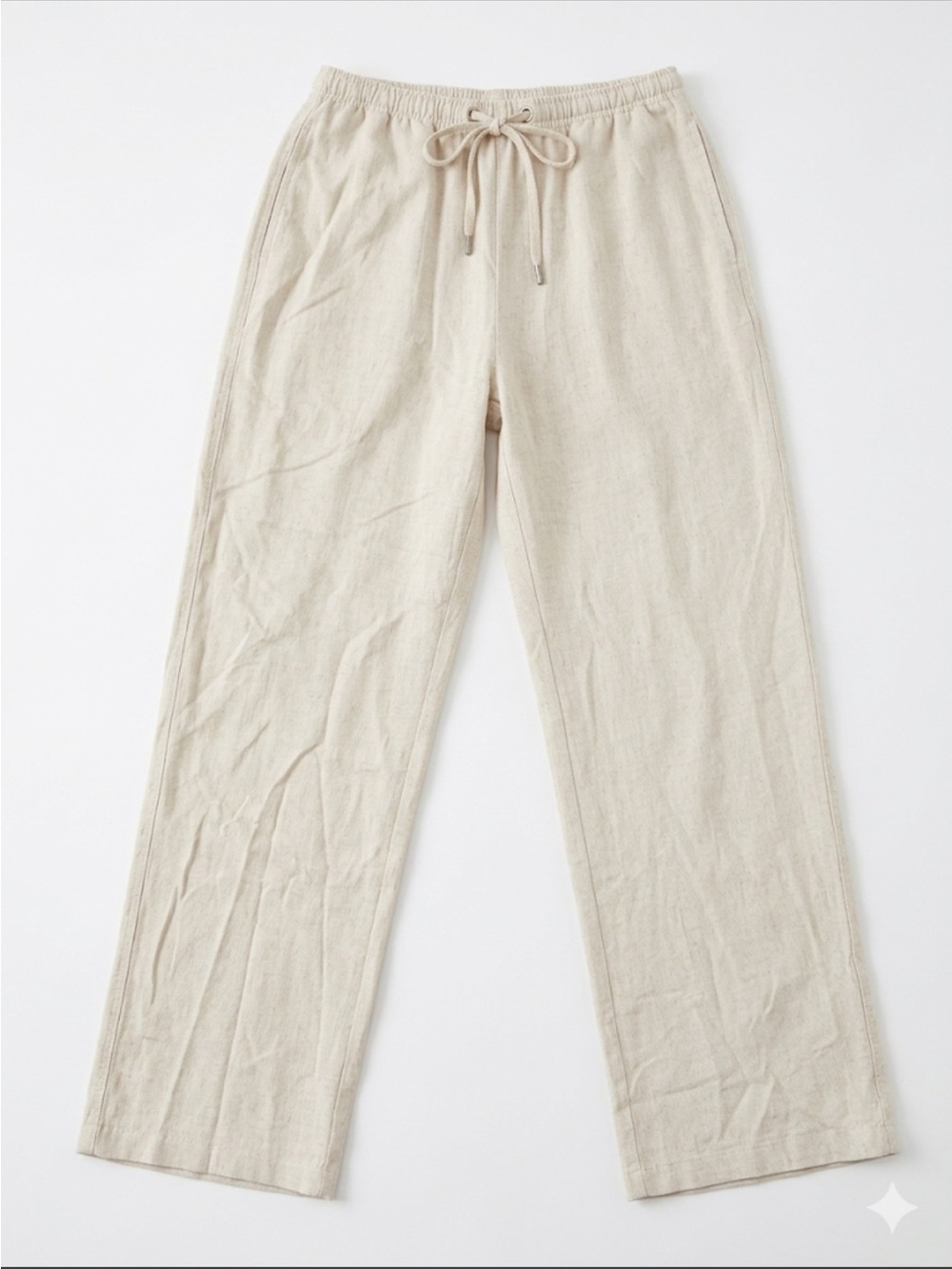 Relaxed Linen Pants Wide Leg Drawstring Waist Slit Side Pockets Beige Sz Medium - Picture 2 of 2